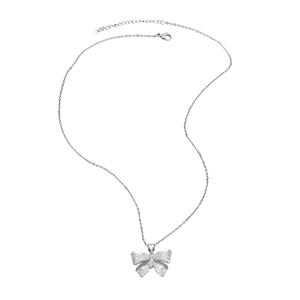Silver bow necklace with sparkling zircon stones on a minimalist link chain for women