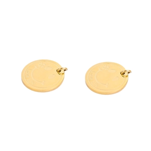 Detailed view of two gold smiley face pendants engraved with Love Life for jewelry DIY