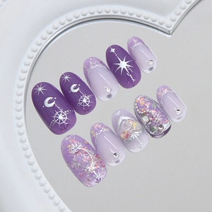 3D heart and moon press-on nail kit in romantic purple with sparkling rhinestone details