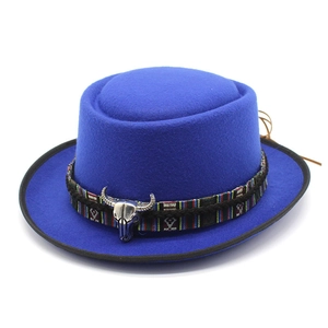 Blue felt cowboy hat with ethnic woven band and silver bull head ornament for men and women