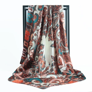 Bohemian paisley print satin silk scarf 90x90cm elegantly draped on a metal frame