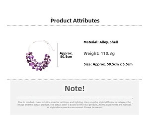 Detail of purple layered shell necklace with alloy clasp and chain specifications