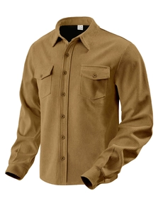 Detail view of the khaki corduroy shirt collar with single-breasted buttons and size tag