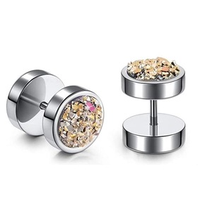 Detail of barbell stud earrings in silver stainless steel with iridescent crystal texture