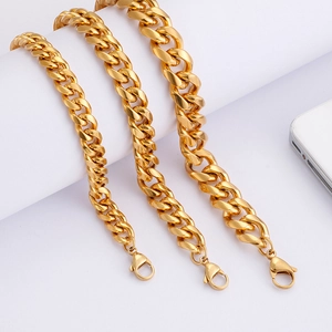 Three gold stainless steel Cuban link chains in varying thicknesses with lobster clasps