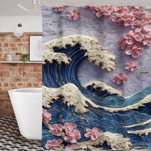 Detailed macro view of 3D embossed shower curtain with pink cherry blossoms and ocean waves