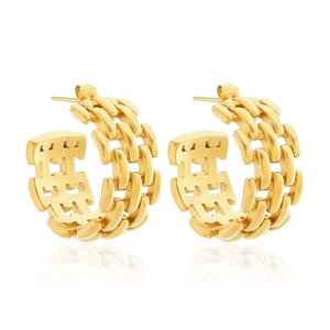 Golden C-shaped stainless steel earrings with textured watch-band chain design on white background
