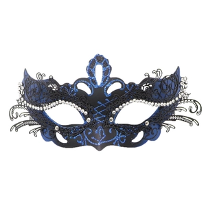 Elegant laser-cut butterfly masquerade mask with blue glitter and sparkling silver rhinestones