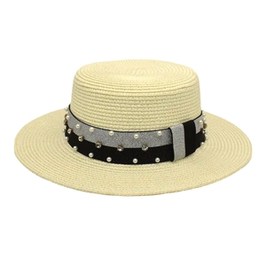 Flat top straw sun hat with decorative pearl and rhinestone sequin band for women