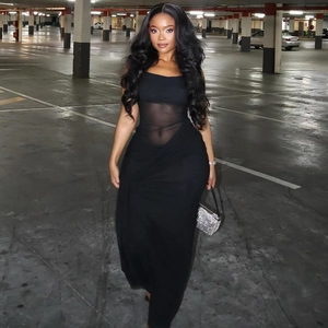 Slim fit black maxi dress with sheer mesh panels and crew neck in urban street style