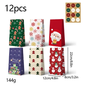 Set of 12 Christmas paper gift bags with handles and stickers in various festive prints