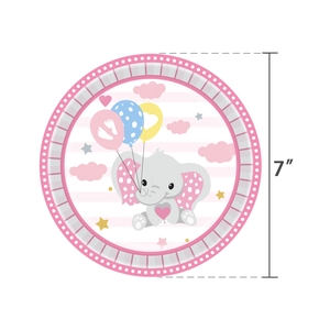 Gros plan sur une assiette en carton de 7 pouces thème éléphant rose pour anniversaire