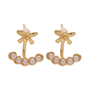 18k gold plated bow pearl earrings with vintage style and five white pearls for women