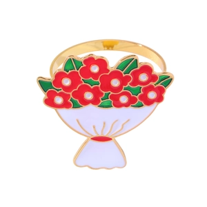 Detailed view of red rose enamel bouquet napkin ring with gold-plated metal alloy band