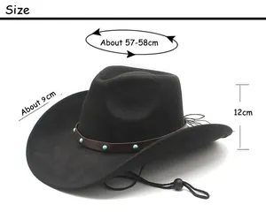 Detailed size chart for black faux suede cowboy hat with turquoise studded leather band