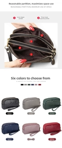 Three-zipper leather clutch bag with snake pattern showing interior pockets and six color options