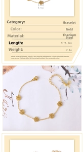 Detailed view of titanium steel gold flower bracelet with 17+4.5cm adjustable chain