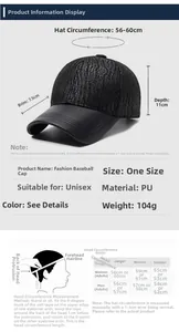 Size chart for PU leather baseball cap showing dimensions and head circumference guide