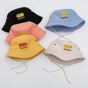 Kids Bucket Hat Cotton Canvas Triple Smile Embroidery Adjustable Chin Strap Sun Protection For Toddler Boys Girls Casual