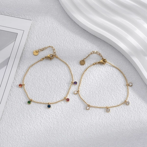 French Design Round Zirconia Titanium Steel Bracelet Women Elegant Gold Plated Jewelry Multicolor Stone Station Chain Bracelet
