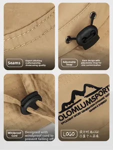 Detailed views of khaki sun hat featuring adjustable buckle, wind cord, and logo embroidery
