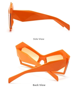 Detailed side and back views of orange irregular geometric frame fashion sunglasses