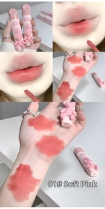 Velvet matte lip glaze texture test with shades 01 and 05 on lips and arm swatches