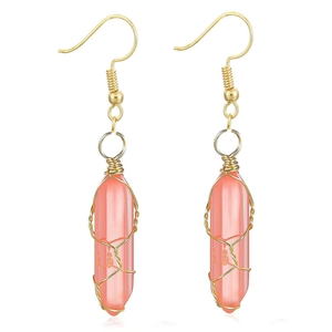 Detail of pink crystal hexagonal earrings with gold wire wrap and hook design