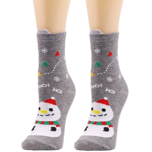 Detail of gray Christmas socks with white snowman motif and knitted HO! letter patterns