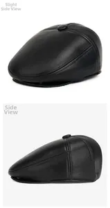 Detail of premium black leather ivy cap showing multi-panel stitching and top button