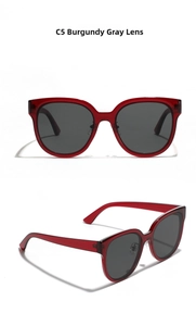 Detail view of wine red square oversized sunglasses with grey lenses and C5 model mark
