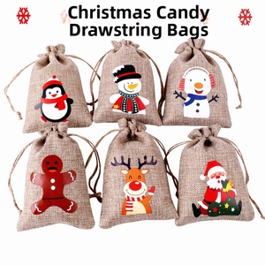 Detailed grid of six Christmas burlap drawstring gift bags with festive character prints
