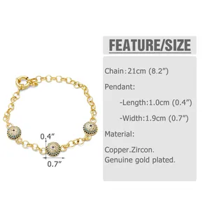 Detailed size specifications for gold plated evil eye bracelet with cubic zirconia charms