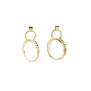 Minimalist layered gold geometric hoop earrings with polished metallic finish on white background