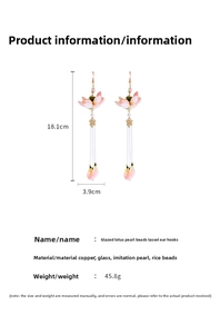Detail of glazed lotus pearl tassel earrings with precise size and weight measurements