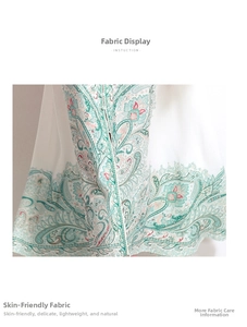 Close-up of paisley print fabric on a single-breasted dress with delicate button details