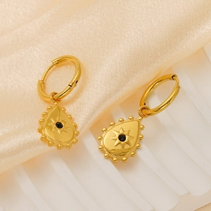 18K gold plated drop earrings with sunburst pattern and center diamond accent