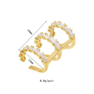 Detail showing dimensions of 19mm gold ear cuff with triple-row white zircon settings