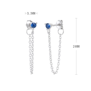 Detailed view of silver S925 chain earrings with 3.3mm blue cubic zirconia stones