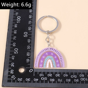 Detail view of purple rainbow acrylic keychain with silver ring and size reference scale