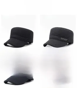 Detail showing flat top cadet caps for men in black, grey, navy blue, and coffee brown