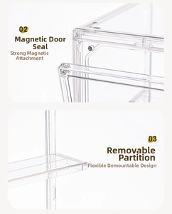 Detail of magnetic door and removable shelves for clear display box