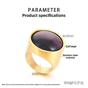 Dettaglio dell'anello dorato in acciaio inossidabile da 23mm con pietra occhio di gatto