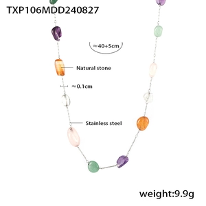 Detail view of colorful natural stone beaded necklace with stainless steel dimensions