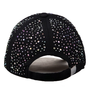 Black baseball cap with colorful rhinestones and adjustable metal buckle back view