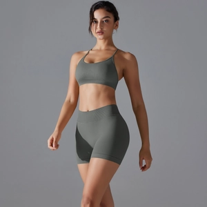 Seamless ribbed yoga set with thin strap sports bra and high-waisted shorts in dark grey green