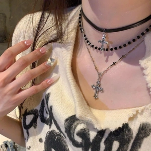 Layered Cross Pendant Necklace Alloy Leather Choker Black Bead Chain Gothic Y2K Punk Streetwear Jewelry For Women