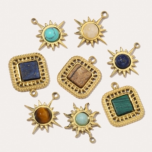 French vintage sunburst stone pendants in gold stainless steel with colorful gemstones