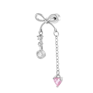 Silver bow earring with pink heart crystal and sparkling zircon chain pendant