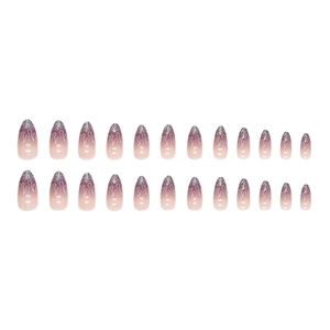 Faux ongles amande dégradé violet avec paillettes argentées et motifs de flammes blanches